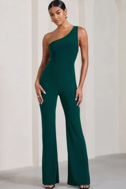 In The Dark | Bottle Green Sleeveless Asymmetric Flared-Leg Jumpsuit