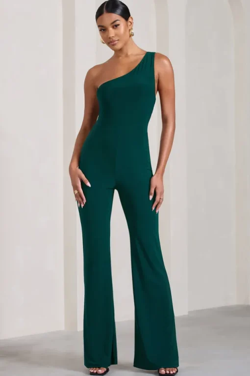 In The Dark | Bottle Green Sleeveless Asymmetric Flared-Leg Jumpsuit