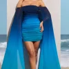 In The Deep | Blue Ombre Strapless Mini Dress With Cape Sleeves