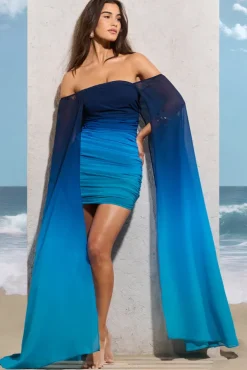 In The Deep | Blue Ombre Strapless Mini Dress With Cape Sleeves