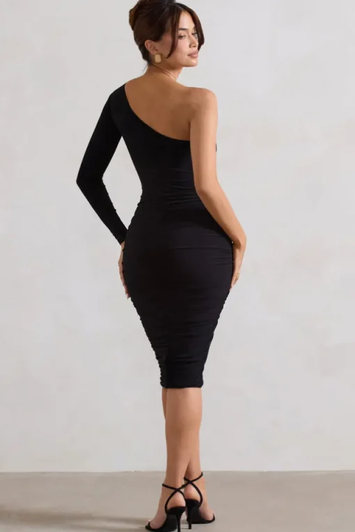 In The Shadows | Black One Shoulder Midi Dress With Ruching