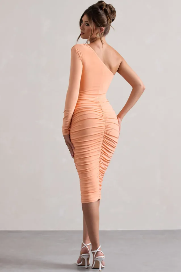 In The Shadows | Coral One Sleeve Midi Dress With Ruching