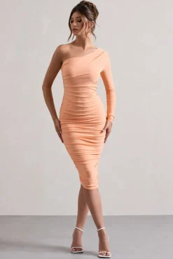 In The Shadows | Coral One Sleeve Midi Dress With Ruching