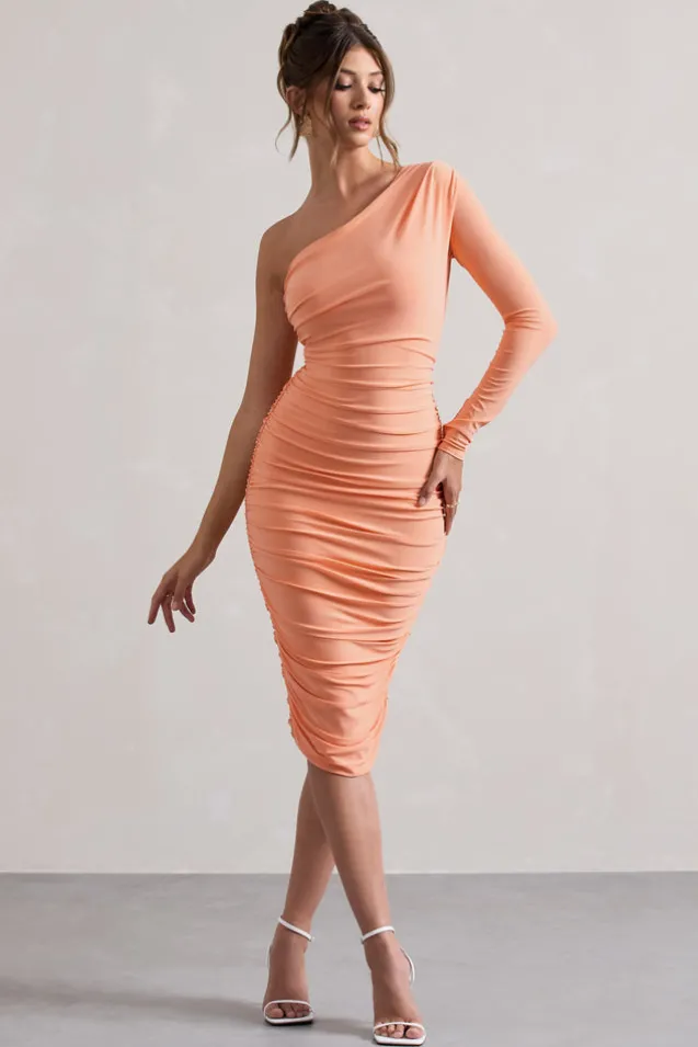 In The Shadows | Coral One Sleeve Midi Dress With Ruching
