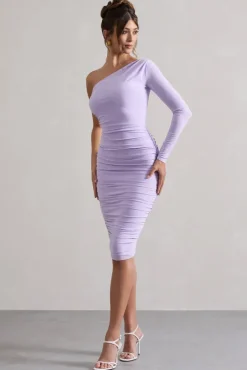 In The Shadows | Lilac One Sleeve Midi Dress With Ruching