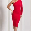 In The Shadows | Red One Sleeve Midi Dress With Ruching