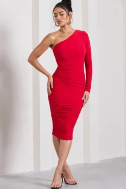 In The Shadows | Red One Sleeve Midi Dress With Ruching
