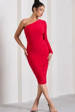 In The Shadows | Red One Sleeve Midi Dress With Ruching