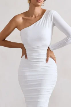 In The Shadows | White One Shoulder Midi Dress With Ruching