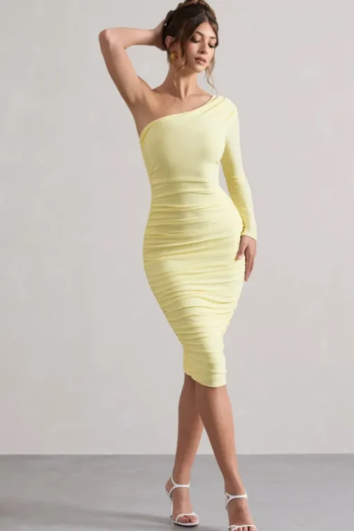 In The Shadows | Yellow One Sleeve Midi Dress With Ruching