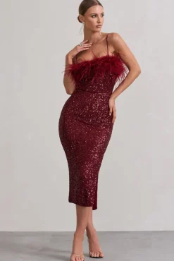 In Your Head | Plum Sequin Strappy Midi Dress With Feathers