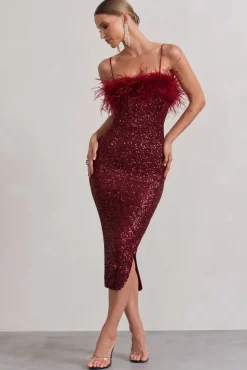 In Your Head | Plum Sequin Strappy Midi Dress With Feathers
