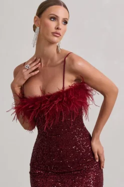 In Your Head | Plum Sequin Strappy Midi Dress With Feathers