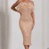 In Your Head | Rose Gold Sequin Strappy Midi Dress With Feathers