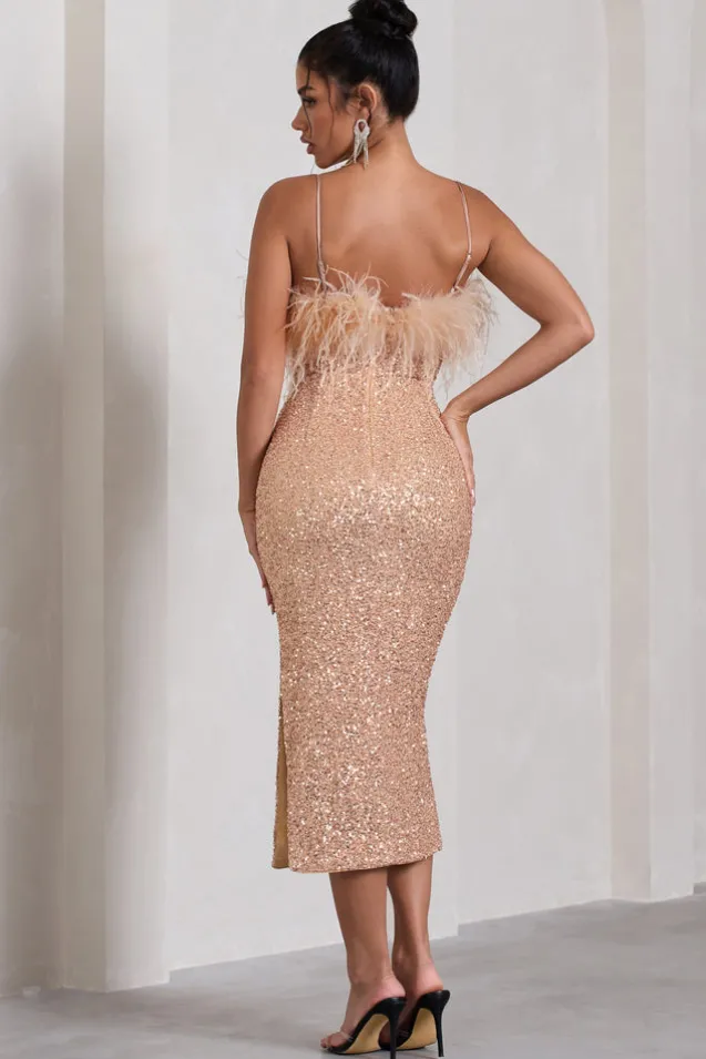 In Your Head | Rose Gold Sequin Strappy Midi Dress With Feathers