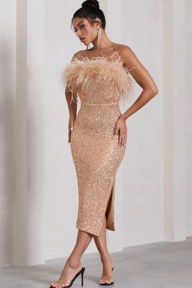 In Your Head | Rose Gold Sequin Strappy Midi Dress With Feathers