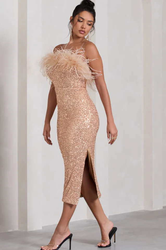 In Your Head | Rose Gold Sequin Strappy Midi Dress With Feathers