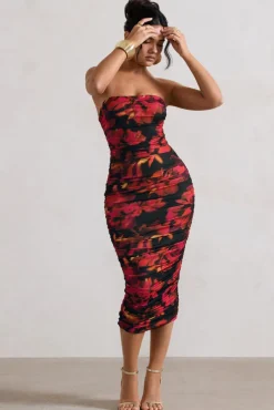 Inara | Red Floral Print Strapless Ruched Midi Dress