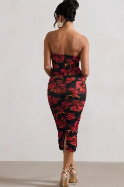 Inara | Red Floral Print Strapless Ruched Midi Dress