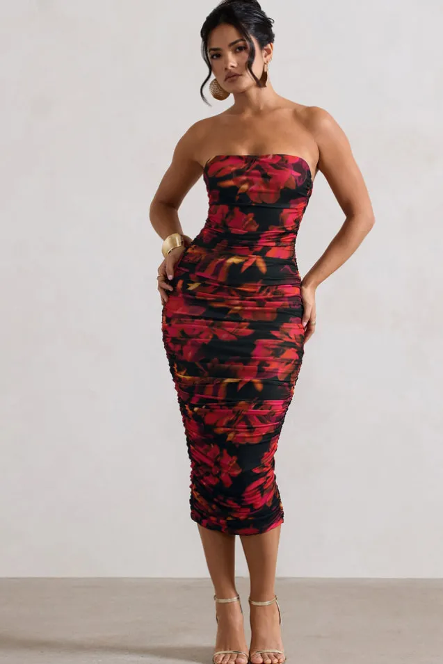 Inara | Red Floral Print Strapless Ruched Midi Dress