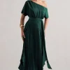 India | Bottle Green Satin Asymmetric Plisse Maxi Dress