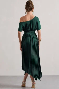 India | Bottle Green Satin Asymmetric Plisse Maxi Dress