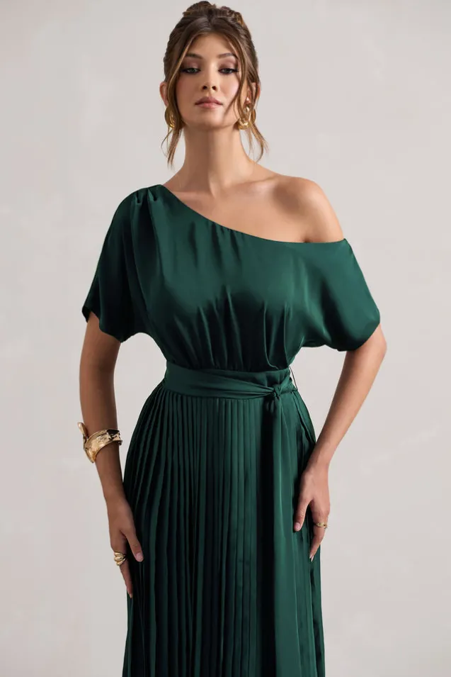India | Bottle Green Satin Asymmetric Plisse Maxi Dress