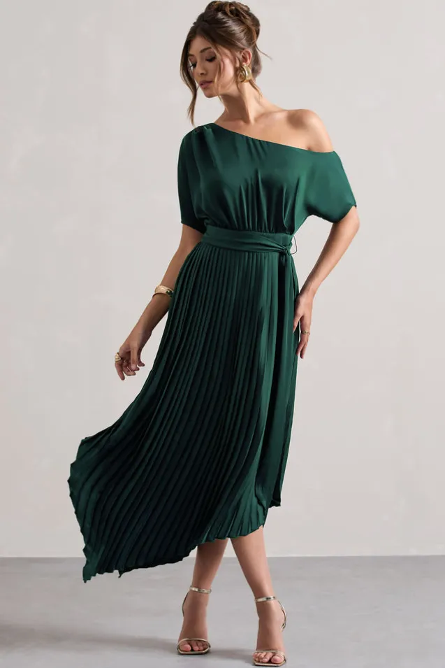 India | Bottle Green Satin Asymmetric Plisse Maxi Dress