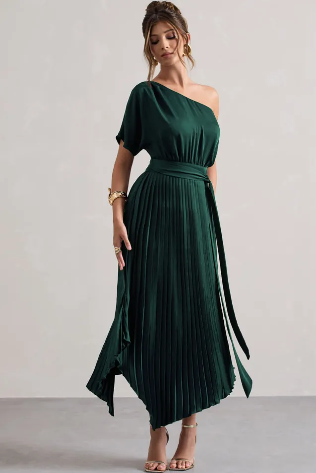India | Bottle Green Satin Asymmetric Plisse Maxi Dress