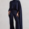 Indra | Navy High-Neck Wide-Leg Cape Jumpsuit