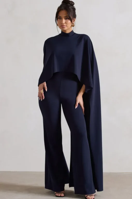 Indra | Navy High-Neck Wide-Leg Cape Jumpsuit