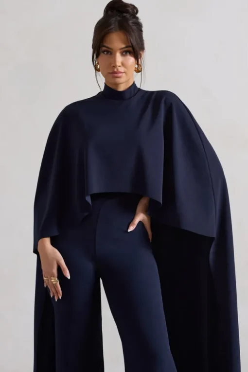 Indra | Navy High-Neck Wide-Leg Cape Jumpsuit