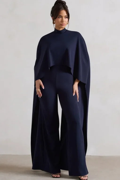 Indra | Navy High-Neck Wide-Leg Cape Jumpsuit
