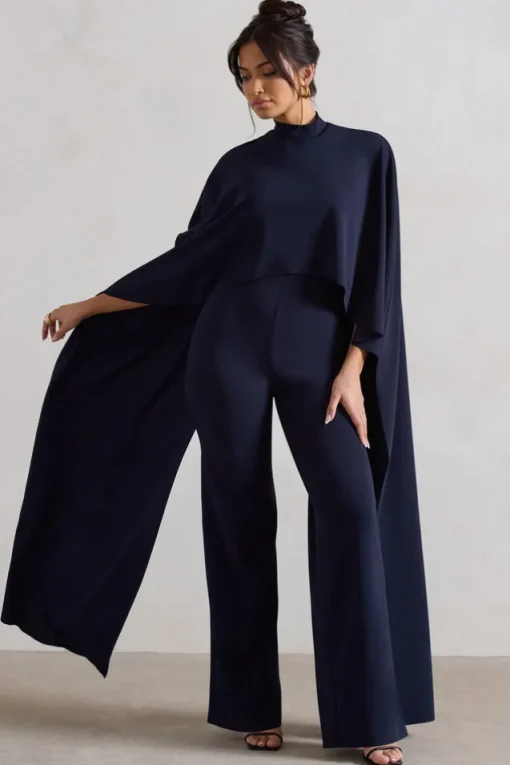 Indra | Navy High-Neck Wide-Leg Cape Jumpsuit