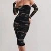 Indy | Brown Print Ruched Strapless Long-Sleeve Midi Dress