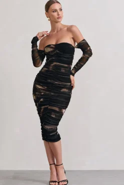 Indy | Brown Print Ruched Strapless Long-Sleeve Midi Dress