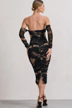 Indy | Brown Print Ruched Strapless Long-Sleeve Midi Dress