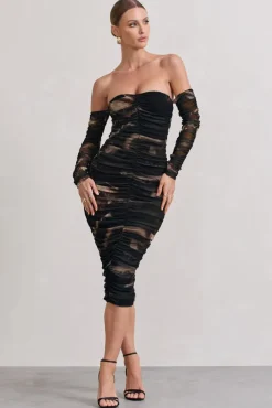 Indy | Brown Print Ruched Strapless Long-Sleeve Midi Dress