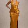 Inferno | Mustard Satin Plunge-Neck Gathered Split Maxi Dress