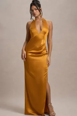 Inferno | Mustard Satin Plunge-Neck Gathered Split Maxi Dress