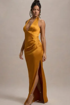 Inferno | Mustard Satin Plunge-Neck Gathered Split Maxi Dress