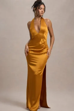 Inferno | Mustard Satin Plunge-Neck Gathered Split Maxi Dress