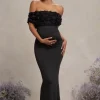 Inflorescence | Black Mesh Floral Bardot Maternity Maxi Dress