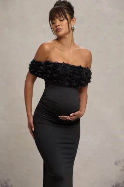 Inflorescence | Black Mesh Floral Bardot Maternity Maxi Dress