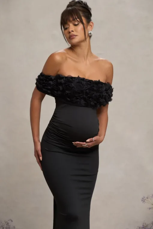 Inflorescence | Black Mesh Floral Bardot Maternity Maxi Dress