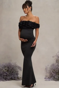 Inflorescence | Black Mesh Floral Bardot Maternity Maxi Dress