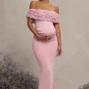 Inflorescence | Blush Pink Mesh Floral Bardot Maternity Maxi Dress