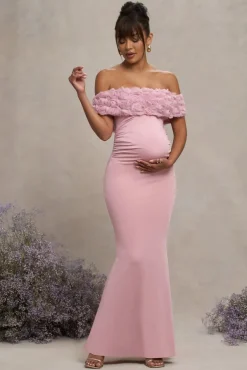 Inflorescence | Blush Pink Mesh Floral Bardot Maternity Maxi Dress
