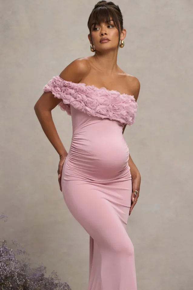 Inflorescence | Blush Pink Mesh Floral Bardot Maternity Maxi Dress