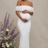 Inflorescence | White Mesh Floral Bardot Maternity Maxi Dress